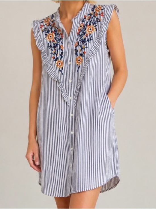 Dresses & Skirts - ENTRO Blue and White Striped Floral Embroidered Shirt Tank Dress Size S